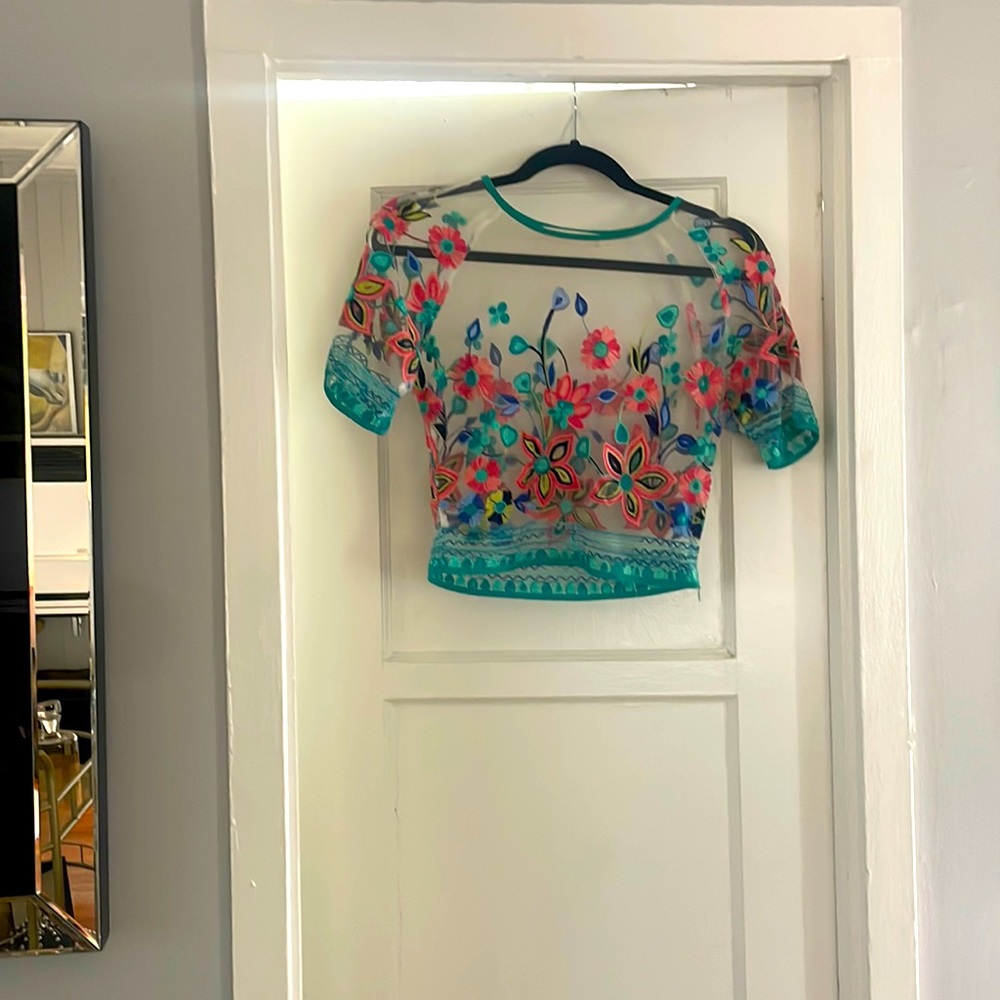 Floral Blue Ivy by KC see through cropped blouse sz XS